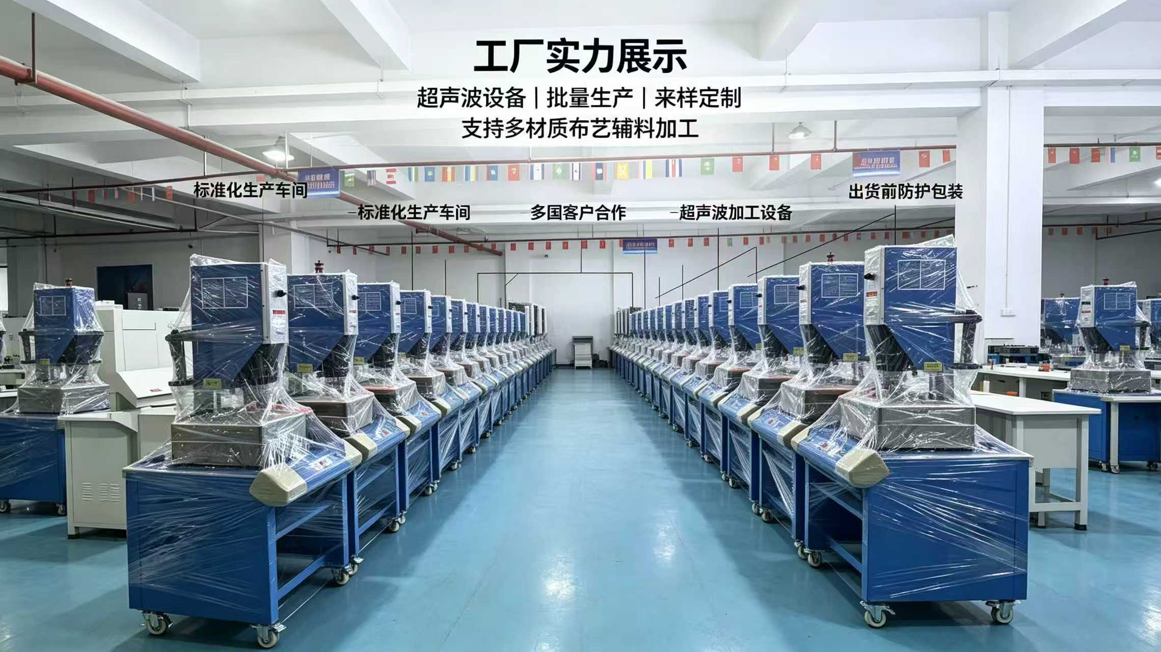 富翔超声波 · 工厂实力展示 / 超声波设备 · 批量生产 · 来样定制 / 标准化生产车间与出货前防护包装