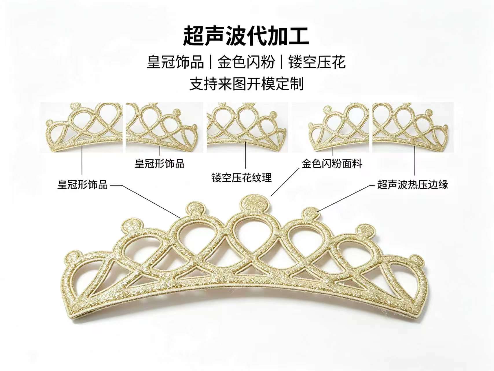 皇冠形绒面布艺饰品代加工 — 黄色绒面 / 超声波热压成型