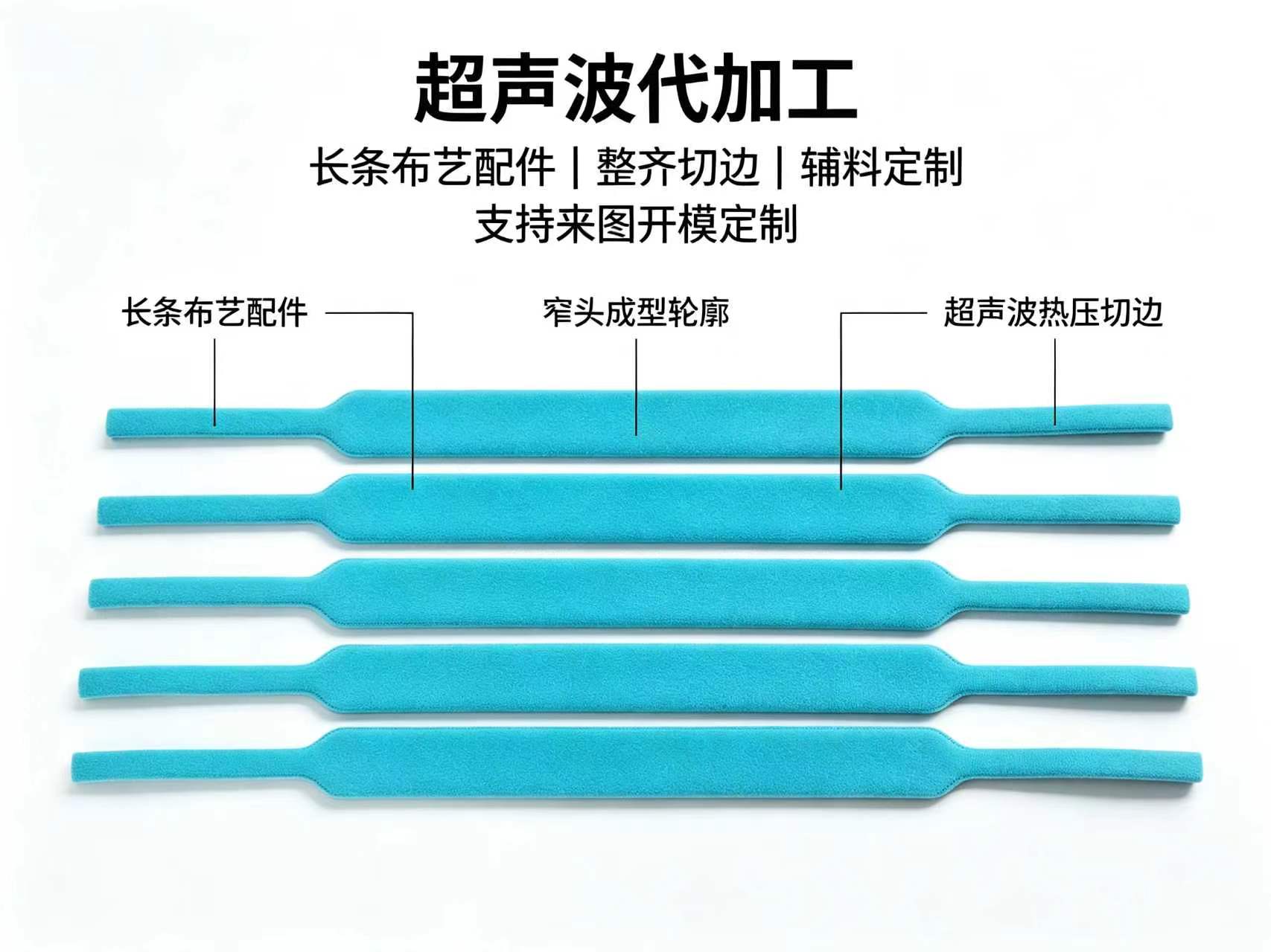 蓝色绒面长条布艺配件代加工 — 窄头成型 / 整齐切边 / 超声波热压