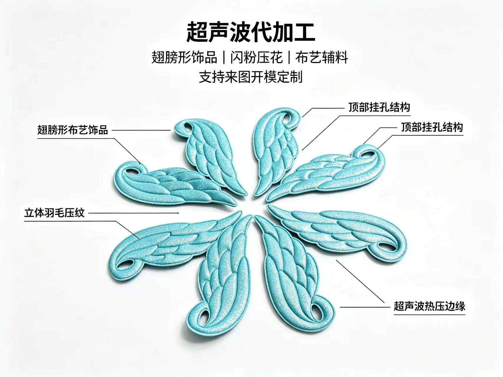 青色闪粉翅膀形布艺饰品代加工 — 立体羽毛压纹 / 顶部挂孔 / 闪粉面料
